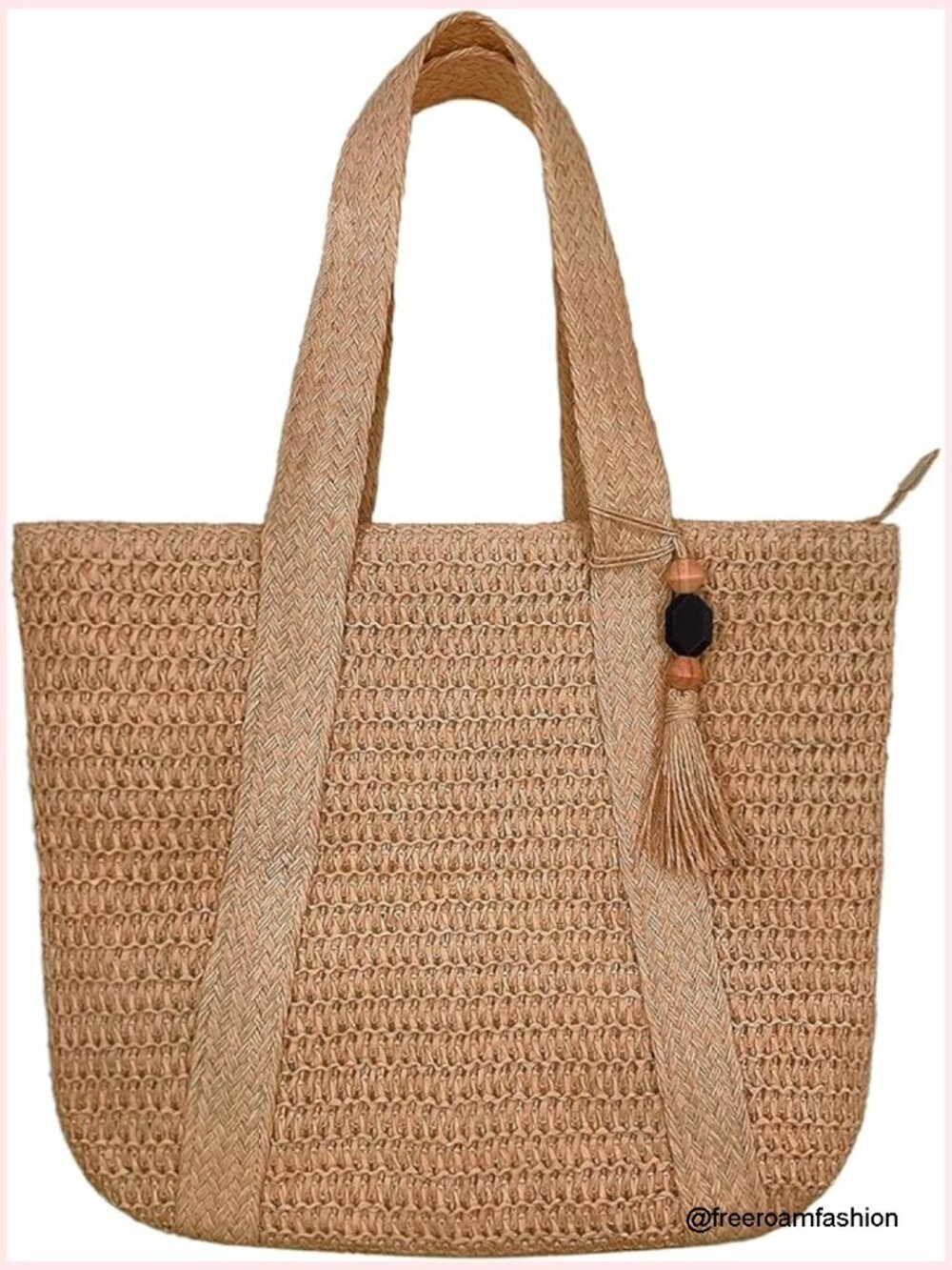 Large Straw Woven Tote Bag with Zipper and Tassel for Beach Travel